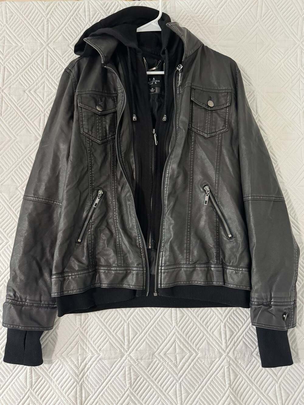 LA Coalition Black Faux Vegan Leather Hooded Moto Jacket DPJ0348 XL